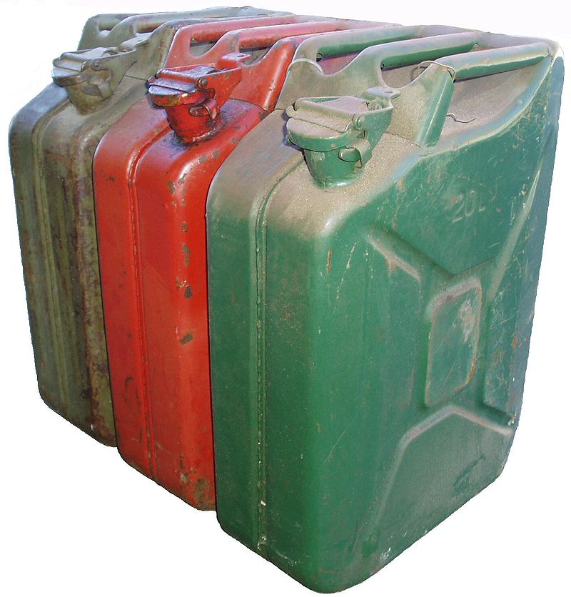 A fuel canister with a red cross mark.
