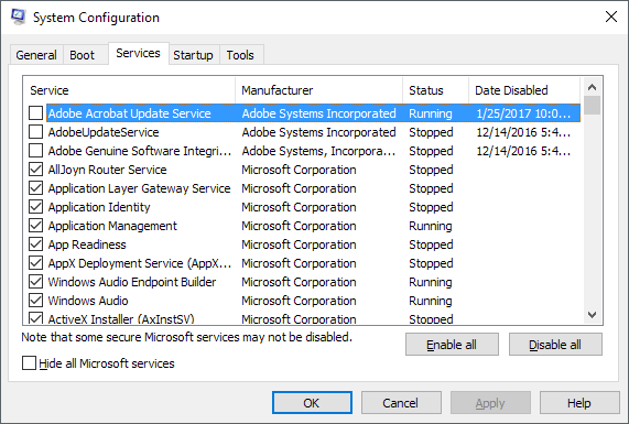 Check the box that says "Hide all Microsoft services" to prevent disabling essential system services.
Click on Disable all to disable all the non-Microsoft services.