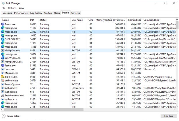 A screenshot of the Windows Task Manager showing high disk usage for msedge.exe.