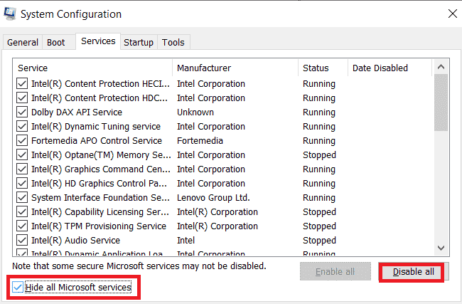 Check the box next to Hide all Microsoft services.
Click on the Disable All button.
