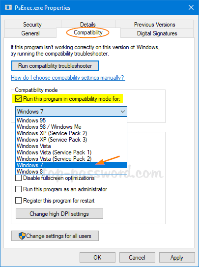 Choose a compatible Windows version from the drop-down menu.
Click Apply and then OK.