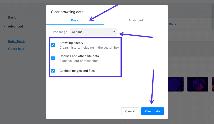 Choose the time range and select "Cookies and other site data" and "Cached images and files".
Click on "Clear data" to remove the selected items.