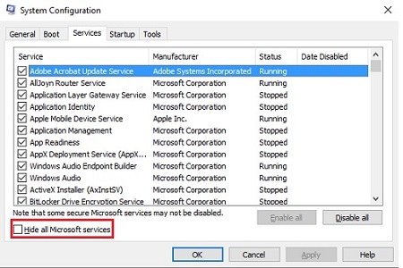 Click "Disable all" to disable non-Microsoft services.
Apply the changes and restart the computer.