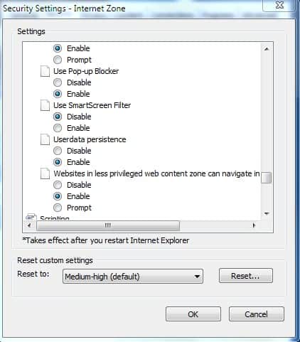 Click OK
Consider adjusting other security settings such as enabling SmartScreen and updating your browser settings