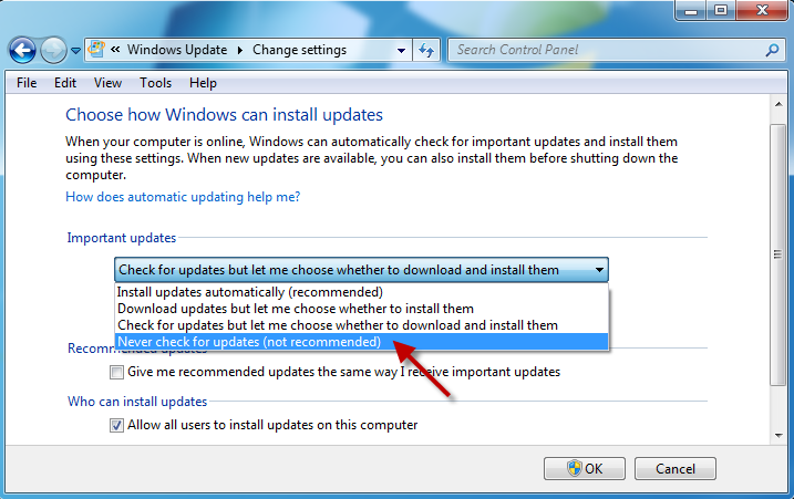Click on Change settings
Select Never check for updates