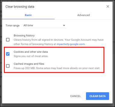 Click on "Clear browsing data" or similar.
Check the boxes for "Cached images and files" and "Cookies and other site data".