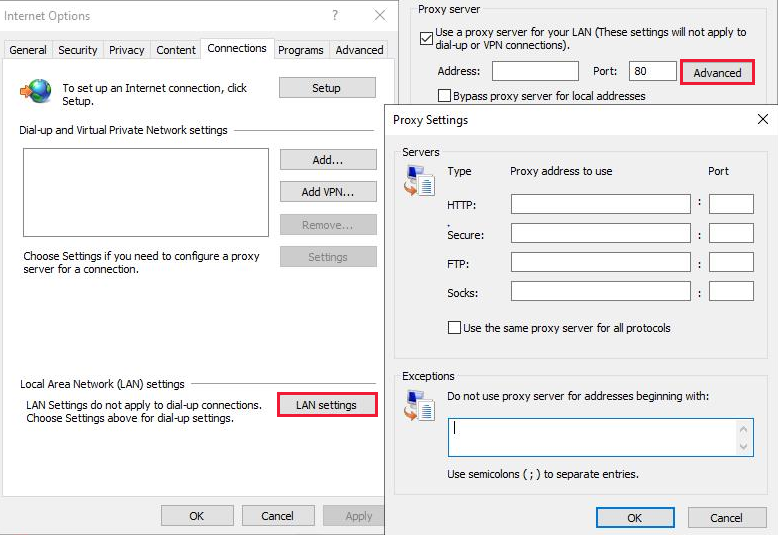 Click on LAN Settings and uncheck the box for Use a proxy server for your LAN.
Click OK to save the changes.