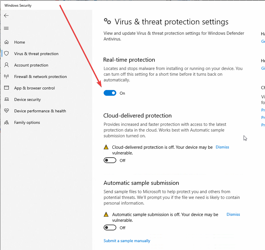 Click on "Manage settings"
Toggle off the "Real-time protection" switch