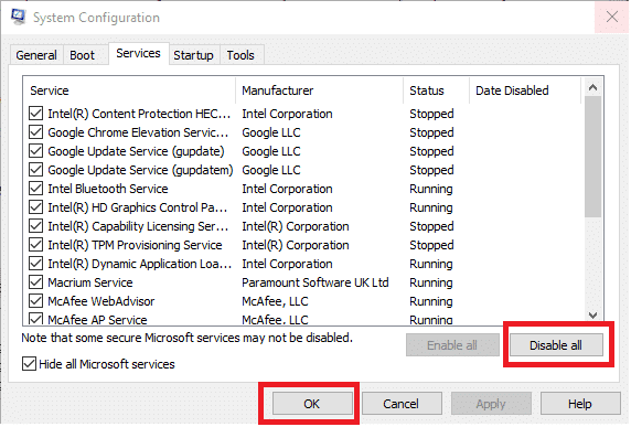 Click on the Disable all button to disable all non-Microsoft services.
Click on Apply and then OK to save the changes.