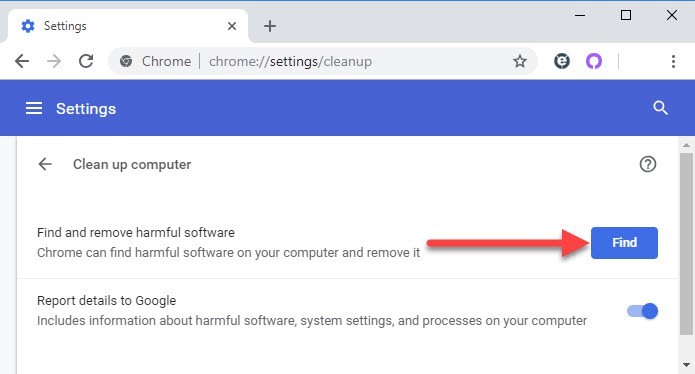 Click on the "Find" button to start scanning for harmful software.
If any harmful software is found, click on the "Remove" button to eliminate it.