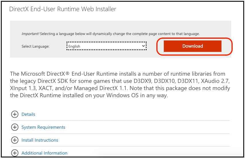 Click on the official Microsoft download page for DirectX End-User Runtime Web Installer.
Click on the Download button to initiate the download process.