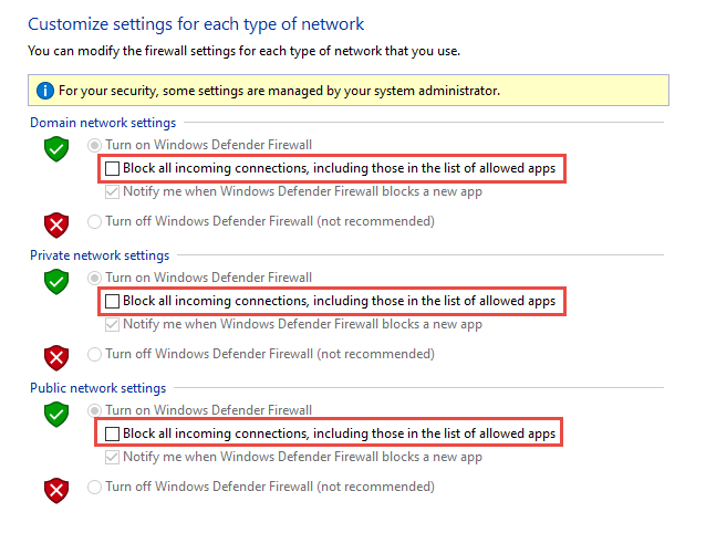 Click on Turn Windows Defender Firewall on or off
Select Turn on Windows Defender Firewall for both Private network settings and Public network settings