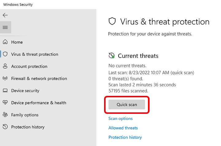 Click on Virus & threat protection.
Click on Quick Scan or Full Scan.