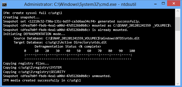 Command prompt window running ntdsutil.exe