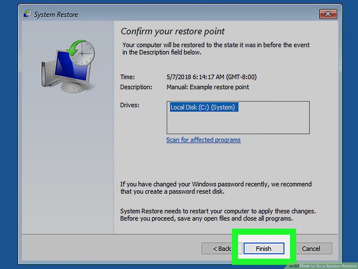 Confirm the restore point selection and wait for the process to complete.
Restart your computer after the system restore is finished.