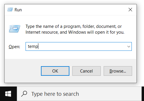 Delete temporary files from your system that may be causing conflicts with the software.
Open the "Run" dialog by pressing Win+R.