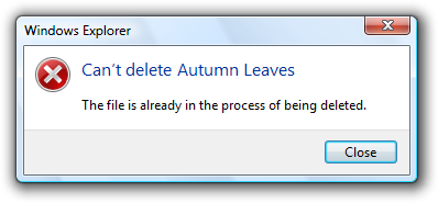 Error message indicating inability to delete file