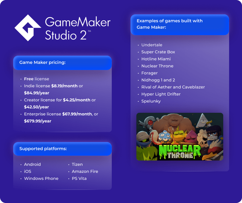 GameMaker Studio 2: A powerful game development platform that allows users to create interactive games using a drag-and-drop interface or custom scripting.
Construct 3: An HTML5 game development software that offers an intuitive visual editor and supports a wide range of platforms.