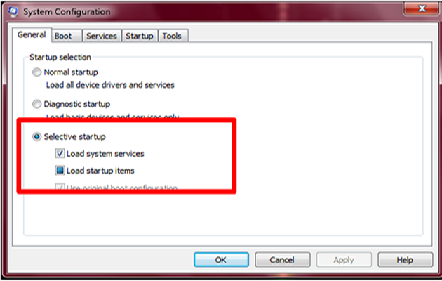 In the General tab, select Selective startup.
Uncheck the box that says Load startup items.
