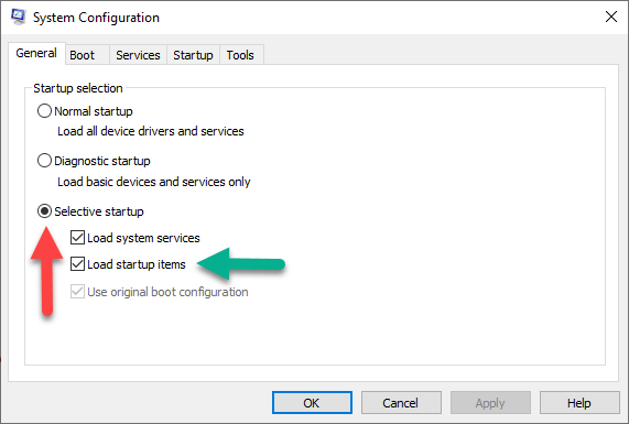 In the General tab, select Selective startup.
Uncheck the box that says Load startup items.