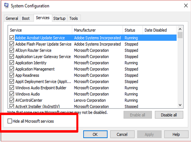 In the General tab, select Selective startup and uncheck Load startup items.
Go to the Services tab, check Hide all Microsoft services, and click Disable all.