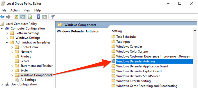 In the Group Policy Editor, navigate to Computer Configuration > Administrative Templates > Windows Components > Windows Defender Antivirus.
Double-click on Turn off Windows Defender Antivirus policy.