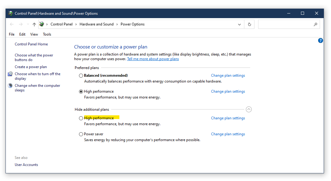 In the Power Options window, click on "Change plan settings" next to your selected power plan.
Click on "Change advanced power settings".