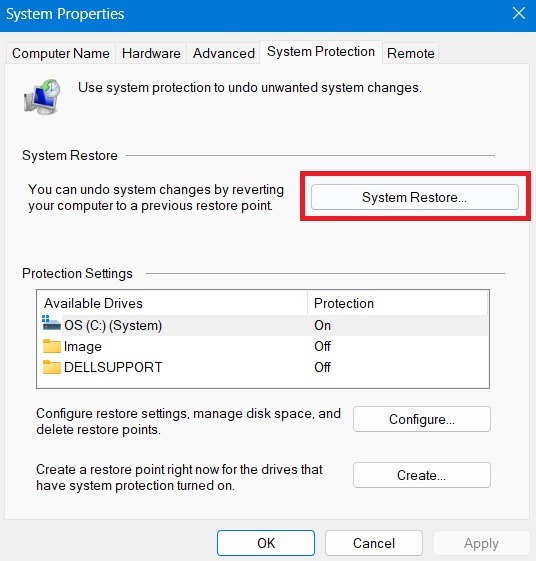 In the System Properties window, click on System Restore.
Click on Next and select a restore point that was created before the Bluey.exe error occurred.