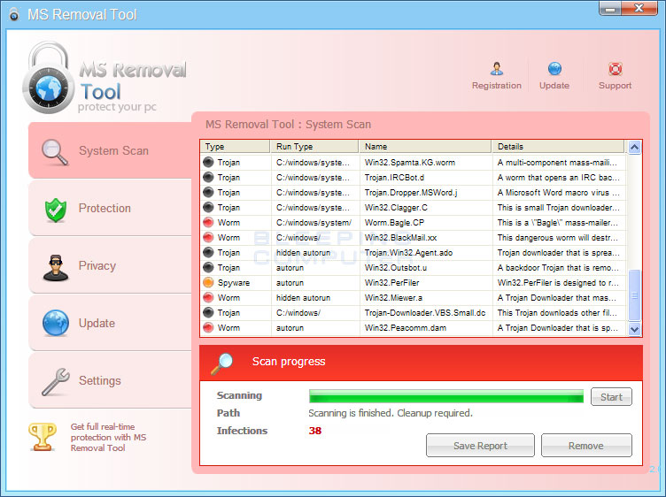 Launch the malware removal tool.
Perform a full system scan.