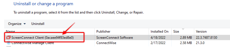 Locate and select ConnectWise Control Client Setup Exe in the list of installed programs.
Click on the Uninstall or Change button at the top of the window.