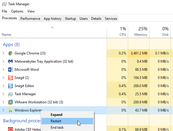 Locate explorer.exe in the list of processes.
Right-click on explorer.exe and choose End Task.