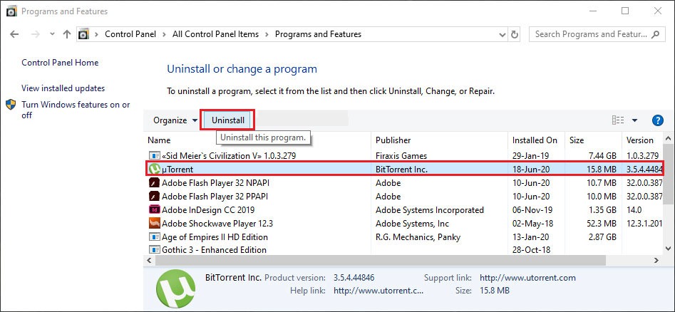 Locate the associated software (e.g., uTorrent) in the list of installed programs.
Select the associated software and click on the Uninstall or Remove button.