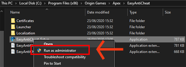 Locate the EasyAntiCheat_Setup.exe file on your computer.
Right-click on the file and select "Run as administrator".