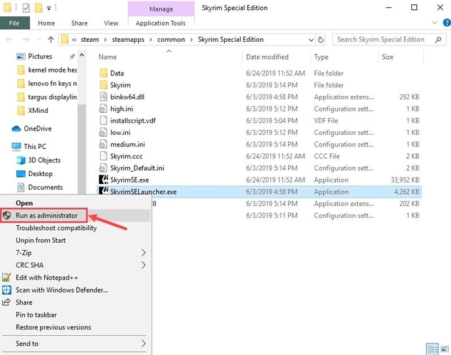 Locate the Skyrim Special Edition executable file (skyrimse.exe) on your computer.
Right-click on the executable file and select Run as administrator.