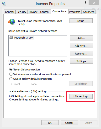 Navigate to the "Connections" tab and click on "LAN settings".
Uncheck the box for "Use a proxy server for your LAN" and save the changes.