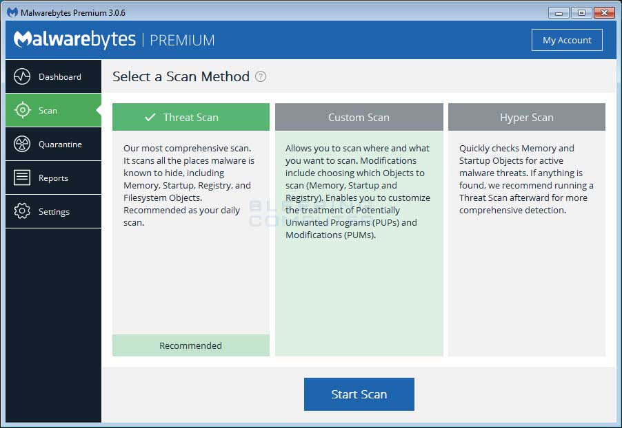 On the main dashboard of Malwarebytes, click on the "Scan" tab.
Click on the "Start Scan" button to initiate a full system scan.