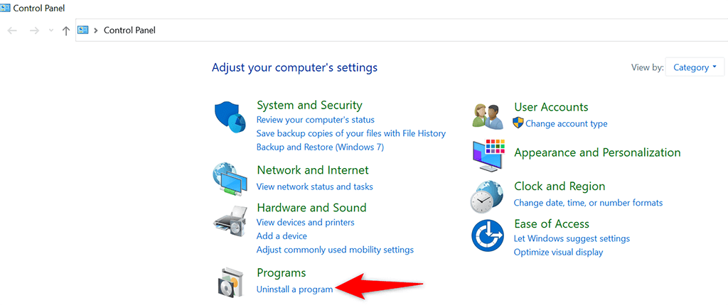 Open Control Panel from the Start menu.
Select Uninstall a program under the Programs section.