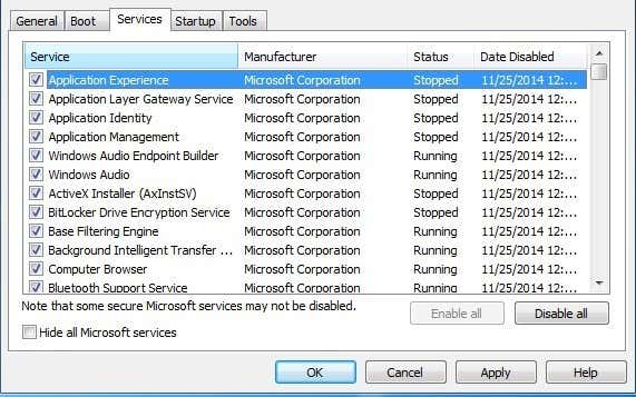 Open System Configuration by pressing Windows key + R and typing msconfig, then press Enter
Go to the Services tab and check the box that says Hide all Microsoft services