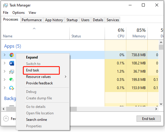 Open Task Manager by pressing Ctrl+Shift+Esc.
Go to the "Processes" tab and look for any processes related to the conflicting software.