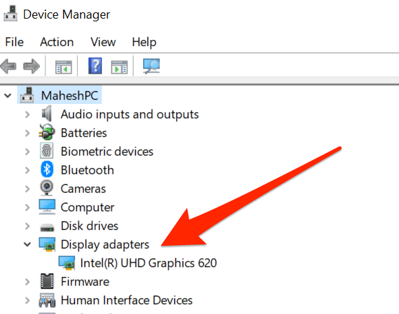 Open the Device Manager on your computer.
Expand the Display adapters category.