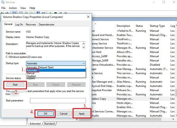Open the Services window by pressing Win + R and typing services.msc.
Locate the Volume Shadow Copy service.