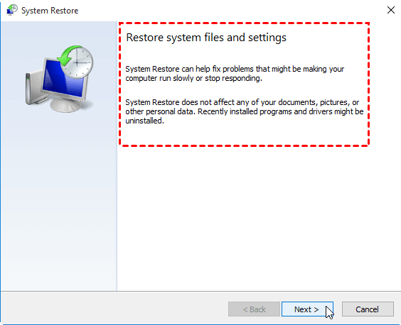 Open the System Restore utility by searching for it in the start menu.
Select a restore point that was created before the error started occurring.