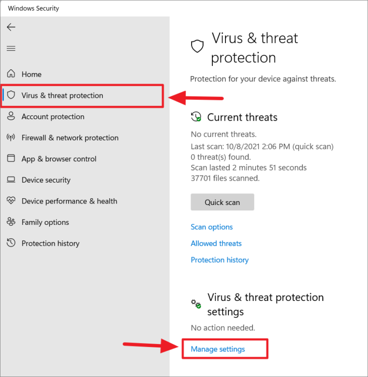 Open Windows Defender by searching for it in the Start Menu.
Go to the "Virus & Threat Protection" tab.