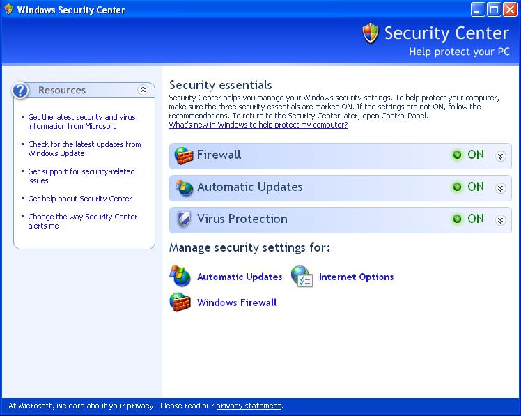 Open Windows Security Center by clicking on the Start button, then selecting Control Panel and Security.
Click on Windows Firewall and ensure that it is enabled.