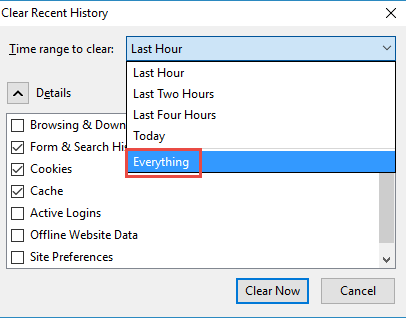 Press Ctrl+Shift+Delete to open the Clear browsing data window.
Select the appropriate time range (e.g., "the beginning of time" or "last hour").