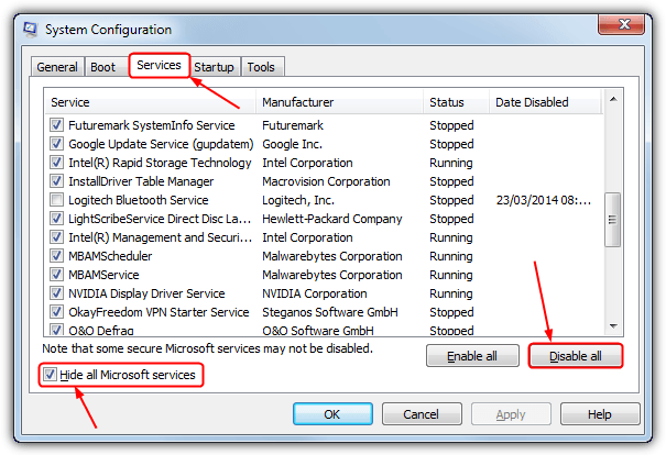 Press the Windows key + R and type msconfig.
In the System Configuration window, click on the Services tab and check the box next to Hide all Microsoft services.