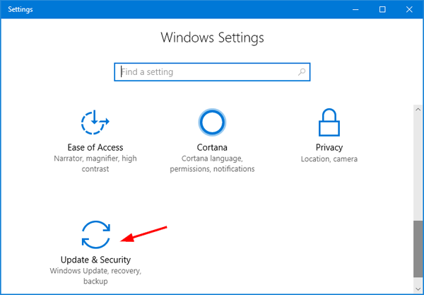 Press Windows key + I
Select Update & Security