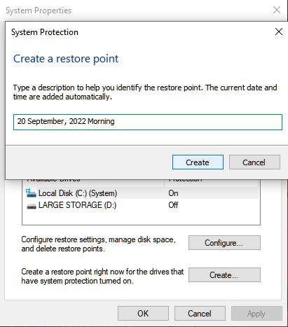 Press Windows Key + S and type System Restore
Click on Create a Restore Point