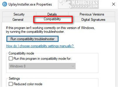 Right-click on the file and select Properties.
Go to the Compatibility tab and click on Run Compatibility Troubleshooter.