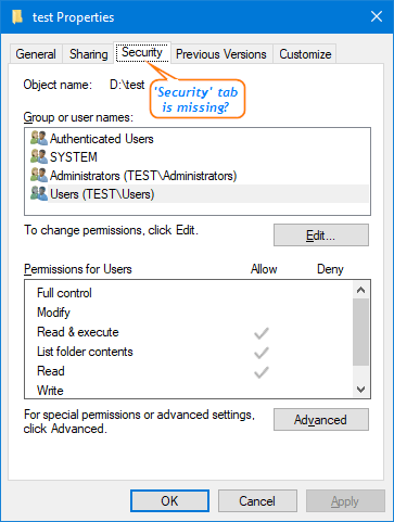 Right-click on the file and select Properties.
In the Properties window, click on the Security tab.